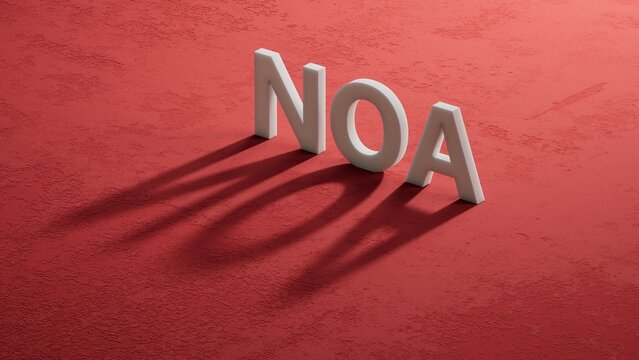 Lettering noa on shadow of 3d charcaters.close up of shadow of 3d charcaters,Business Concept.3D rendering on red background.