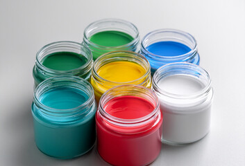 A vibrant array of open paint cans showcasing a spectrum of bold colors—blue, yellow, green, red, orange, pink