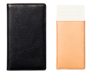 Black leather wallet and a beige card holder on a transparent background