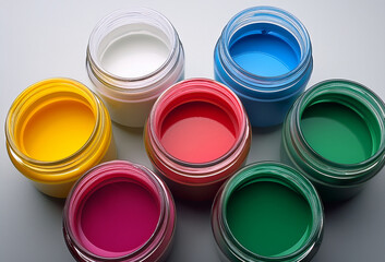 A vibrant array of open paint cans showcasing a spectrum of bold colors—blue, yellow, green, red, orange, pink