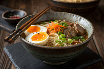 A delicious bowl of authentic Japanese ramen noodle soup with tender beef, a soft-boiled egg, and fresh vegetables, served in a rustic bowl with chopsticks generative ai