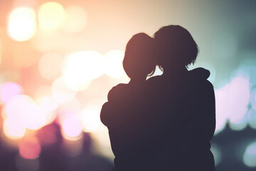 Silhouette of diverse couple hugging, romantic embrace, soft colorful bokeh background, emotional connection, night city lights, peaceful and intimate atmosphere