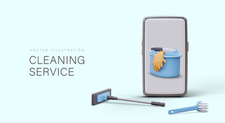 Cleaning service online advertising template. Plastic bucket with gloves on smartphone screen, mop, brush. Vector concept on blue background, place for text, button