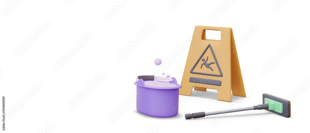 Aufkleber concept of slippery floor after wet cleaning. realistic mop, bucket with soap foam, warning sign wit