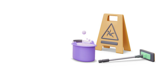 Concept of slippery floor after wet cleaning. Realistic mop, bucket with soap foam, warning sign with falling man. Vector composition in 3D style, isolated elements