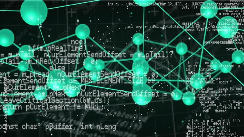 Poster Glowing green spheres appearing on 3D grid while code scrolling and rotating view showing network