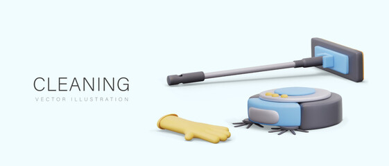 Concept of cleaning. Vector mop, rubber glove, robot vacuum cleaner in realistic cartoon style. Cleaning by hand and with help of modern household appliances