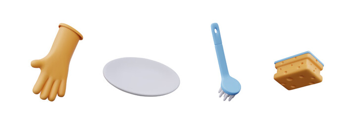 Realistic icons of cleaning, washing dishes by hand. Rubber glove, clean plate, round brush, kitchen sponge. Isolated colored templates on white background