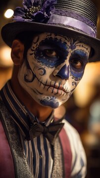 Close-up portrait of a stylish man with blue and white catrin face paint, celebrating day of the dead