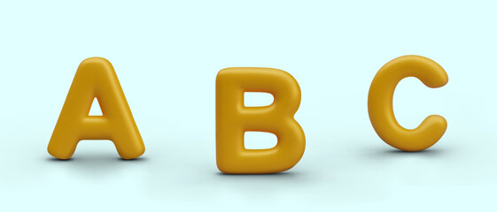 Set of first letters of English alphabet. Golden text symbols in 3D style. Isolated templates, language learning concept. Composition for advertising preschools, schools, language resources
