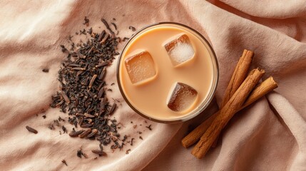 Iced Masala Chai Tea with Cinnamon Sticks and Spices on Beige Fabric Refreshing summer drink