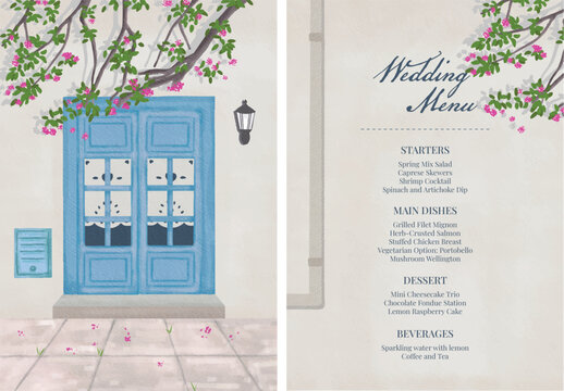 Set of watercolor wedding menu vintage chic with mediterranean architecture