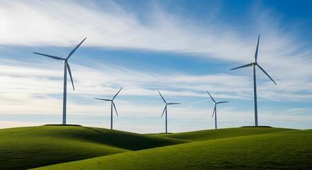 Wind Turbines on Rolling Green Hills Under Partly Cloudy Blue Sky with Soft Sunlight and Vibrant Vegetation