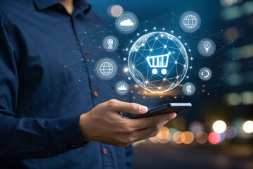 Man using a smartphone for global e-commerce. Holographic shopping cart icon symbolizes online retail, digital marketing, and mobile shopping. generative ai