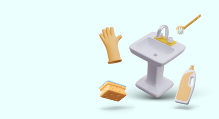 Concept of sanitary ware cleaning. Realistic sink, brush, sponge, rubber glove, bottle with blank label. Set of elements for advertising detergent and inventory
