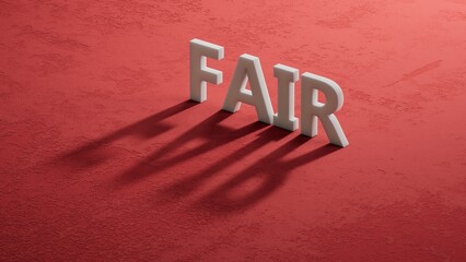 shadow of 3d charcaters with FAIR business word. Mission, Vision and core values concept.close up of shadow of 3d charcaters,Business Concept.3D rendering on red background.