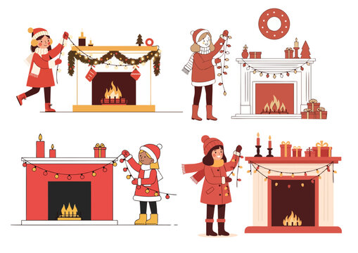 Girl in cheerful winter outfit stringing Christmas lights across a fireplace mantle on a white background