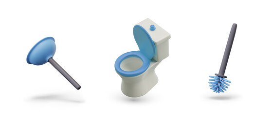 Set of 3D elements for bathroom hygiene concepts. Creative colored icons for site, application. Plunger, toilet with open lid, brush. Isolated templates