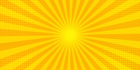 Abstract orange comic background. Art pop cartoon backdrop. Halftone effect pattern. Fun anime texture. Starburst manga style bg. Mark popart radial gradient. Spiral, swirl, comic rays.