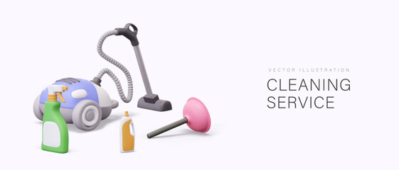 Creative vector composition for cleaning service. Realistic vacuum cleaner, plunger, spray, plastic bottle. Packaging with blank labels for advertising concepts