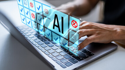 Person using laptop with A I interface showing checkmarks and crosses