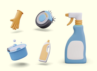 Set of elements for cleaning concepts in 3D positive style. Rubber glove, robot vacuum cleaner, plastic bottle for detergent, spray, bucket of soapy water