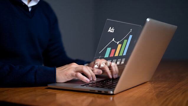 Person using laptop showing upward trending ad graph