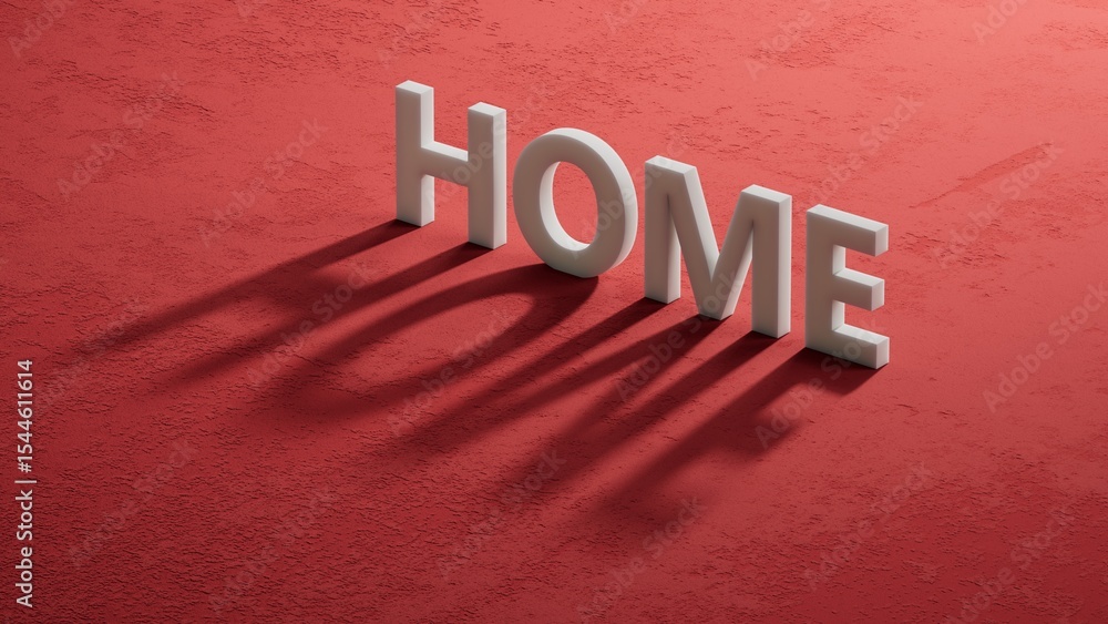 Poster Home.shadow of 3d charcaters spelling.Flat lay view from above on shadow of 3d charcaters buttons.IT technology concept.3D rendering on red background.