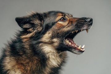 Close-up head German Shepherd or similar breed dog with open mouth and bared teeth, indicating growling or aggressive behavior, on neutral gray background