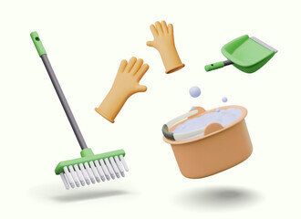 Plastic bucket with soap foam, mop, scoop, rubber gloves. Collection of items for manual wet and dry cleaning concepts. Isolated realistic supplies for housekeeping