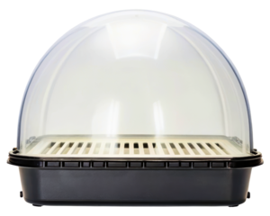 Transparent plastic dome with a black base and ventilation on a transparent background