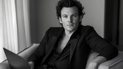 A contemplative actor focuses on a laptop in a modern indoor space, showcasing a blend of style and concentration. The light streams through curtains, enhancing the atmosphere.