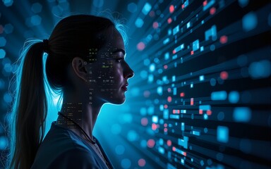 Abstract profile with digital data flow. High quality