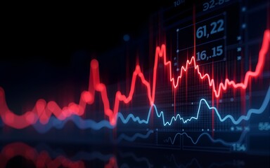 Financial Trend Visualization: A striking, luminous graph, rendered in a palette of dynamic red and blue hues, charts the ebb and flow of financial data against a stark, deep black backdrop.