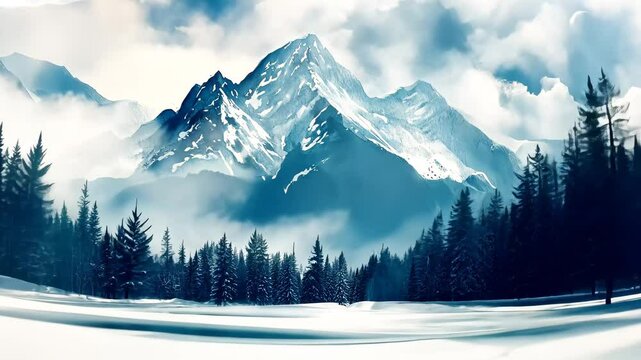 A serene watercolor painting of snow covered mountains and pine trees under a cloudy sky