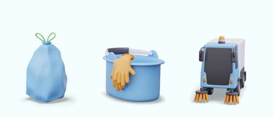 Garbage bag with ties, bucket with rubber gloves, street vacuum cleaner. Set of elements for modern cleaning concepts. Manual work and automated process
