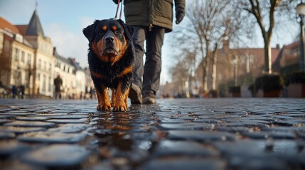 A realistic documentary-style photograph of a visually impaired person confidently navigating a city street with the help of tactile paving and a guide dog, under clear, bright daylight. The