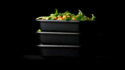 Stacked Black Containers Chickpea Salad Green Leafy Vegetables