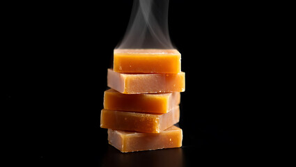 Stack of Warm Brown Caramel Candy Squares Steaming