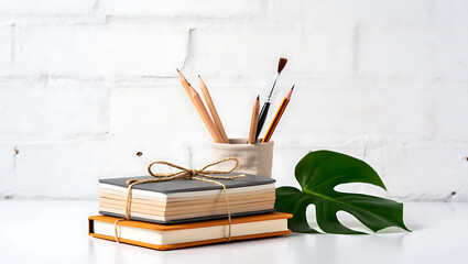 Stacked Notebooks Pencils Brushes White Brick Wall Background