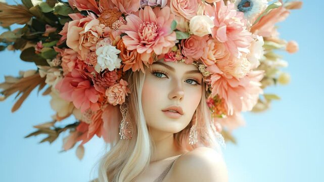 A model displays a large, intricate floral headdress made with various blooms, enhancing the beauty of the scene in bright sunlight. The vivid colors stand out against the blue sky.
