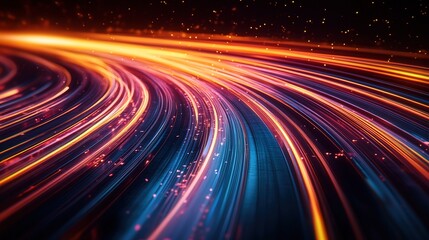 Abstract light trails in dynamic motion, creating the effect of high-speed data flow or space travel, with vibrant orange and blue hues