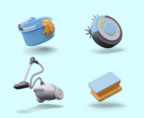 Set of 3D objects for cleaning in cartoon style. Plastic bucket with rubber gloves, vacuum cleaner, robot, sponge. Isolated templates for creatives, advertising, compositions