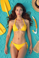Attractive Asian Woman in Yellow Bikini Relaxing on a Turquoise Towel by the Water