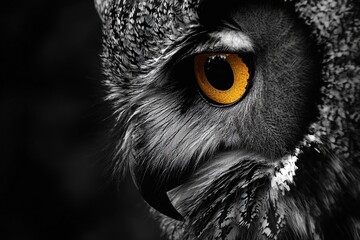 Obraz premium Close-up of an owl eye in selective color with detailed feathers. generated ai.