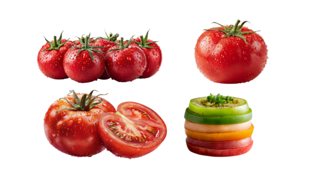 Tomato set isolated tomato png and transparent tomato slice images in a fresh food environment from a close-up viewpoint