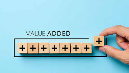 Value Added Concept Wooden Cubes Plus Signs Blue Background