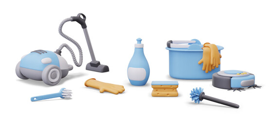 Set of modern devices, detergents and electrical household appliances for cleaning. Vacuum cleaner, sponge, robot, brush, bucket, glove, bottle. Isolated objects