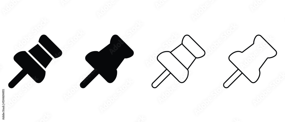 Poster push pin icons set. thumbtack for note attach collection. push pin icon set in black and white flat 