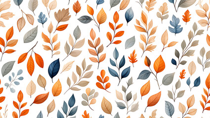 Watercolor Autumn Leaves Seamless Pattern Orange Beige Blue